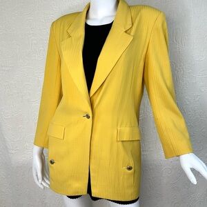 Hanae Mori Paris Yellow Wool Stripe-Textured Cupro Lined Blazer w/Chain Buttons